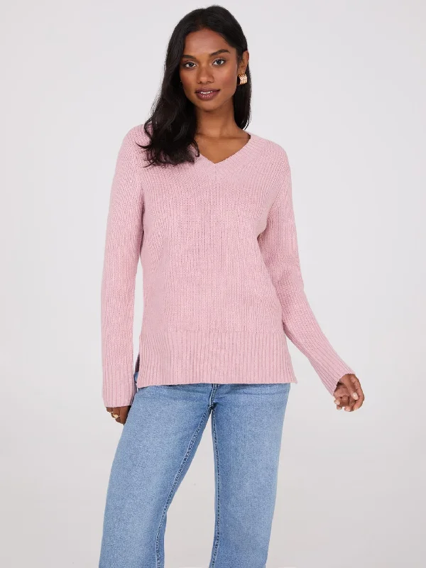 Tie - Front Women's Lambswool Sweaters in Pastel HuesRibbed V-Neck Sweater With Side Slits Tie - Front Women's Lambswool Sweaters in Pastel HuesRibbed V-Neck Sweater With Side Slits