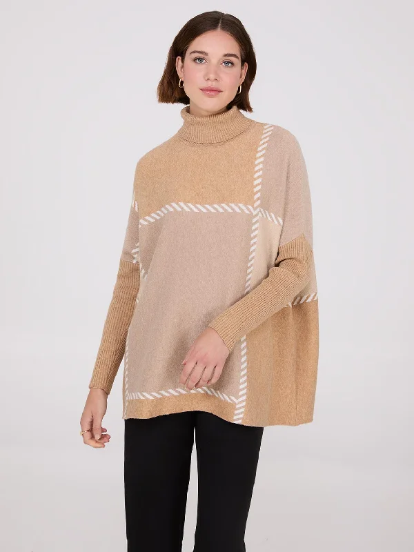 Women's Long Sleeve Turtleneck Cashmere SweatersPlaid Turtleneck Poncho