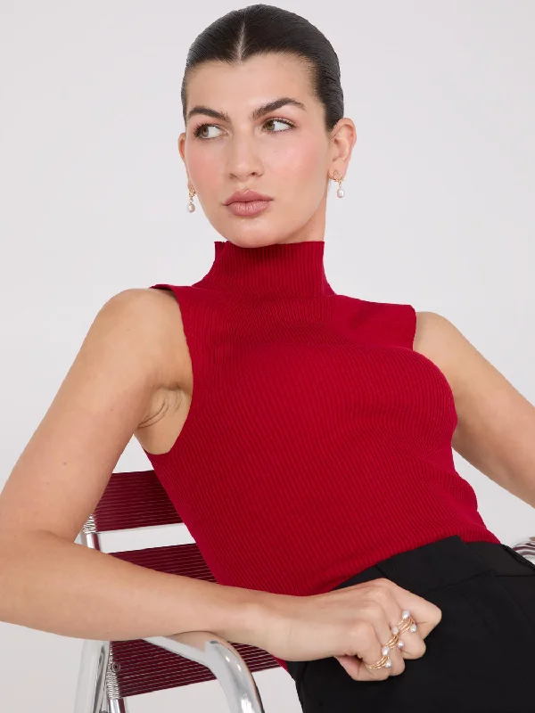 Plus Size Women's Side - Slit Sweaters in Bold SolidsRibbed Funnel Neck Sleeveless Sweater Plus Size Women's Side - Slit Sweaters in Bold SolidsRibbed Funnel Neck Sleeveless Sweater
