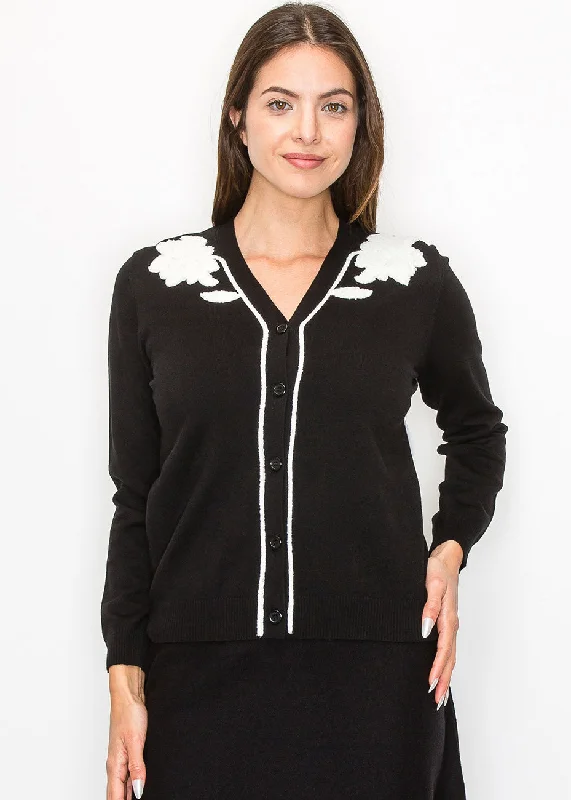 Mini - Length Women's Chunky Knit Sweater Dresses in Bold HuesBlack and White Floral Embroidered Cardigan Mini - Length Women's Chunky Knit Sweater Dresses in Bold HuesBlack and White Floral Embroidered Cardigan
