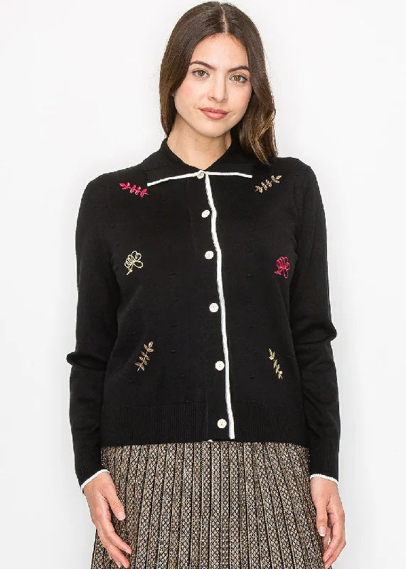 Sleeveless Women's Silk Blend Sweater Dresses for a Sophisticated LookBlack Buttoned Cardigan with Floral Accents Sleeveless Women's Silk Blend Sweater Dresses for a Sophisticated LookBlack Buttoned Cardigan with Floral Accents