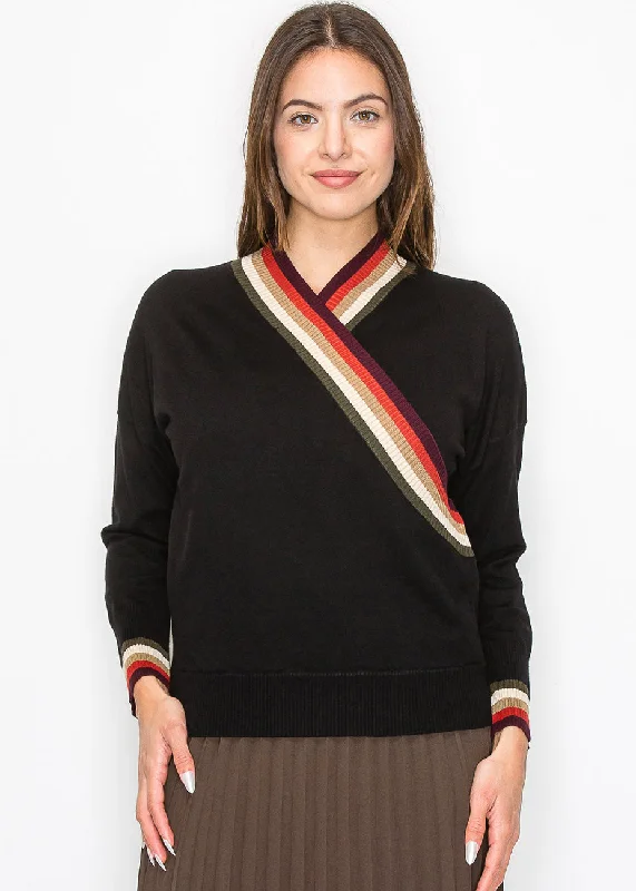 Plus Size Women's Tunic - Style Sweater Dresses with PocketsBlack Sweater with Colorful V-Neck Detail