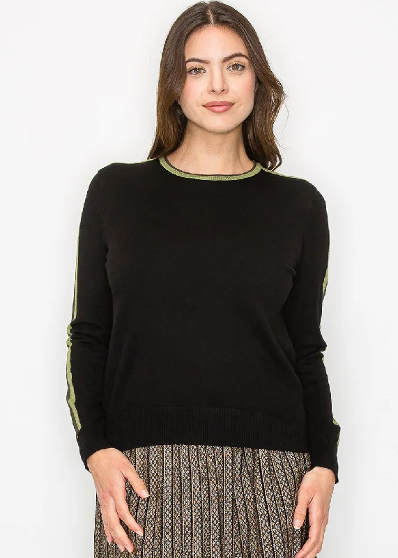 A - Line Women's Merino Wool Sweater Dresses in Classic StylesBlack Sweater with Olive Stripe Detail A - Line Women's Merino Wool Sweater Dresses in Classic StylesBlack Sweater with Olive Stripe Detail