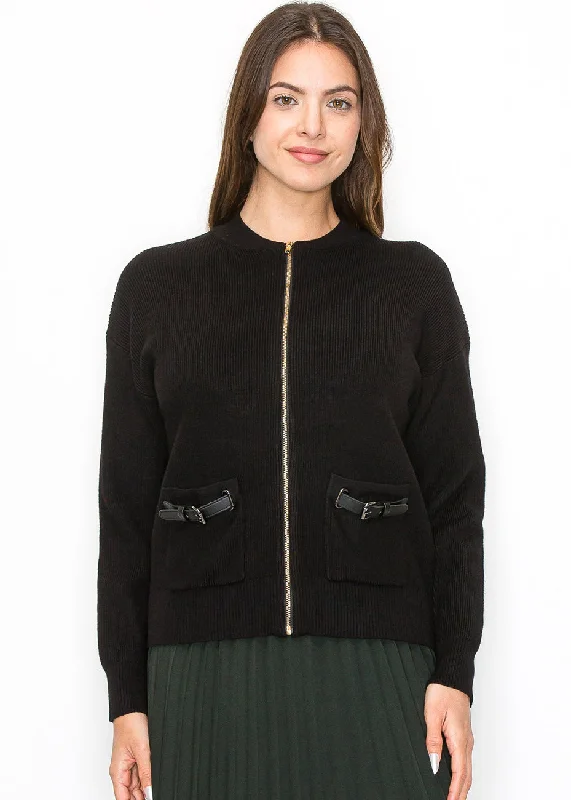 Wrap - Style Women's Lambswool Sweater Dresses in Elegant ShadesBlack Zip Cardigan with Pocket Detail Wrap - Style Women's Lambswool Sweater Dresses in Elegant ShadesBlack Zip Cardigan with Pocket Detail