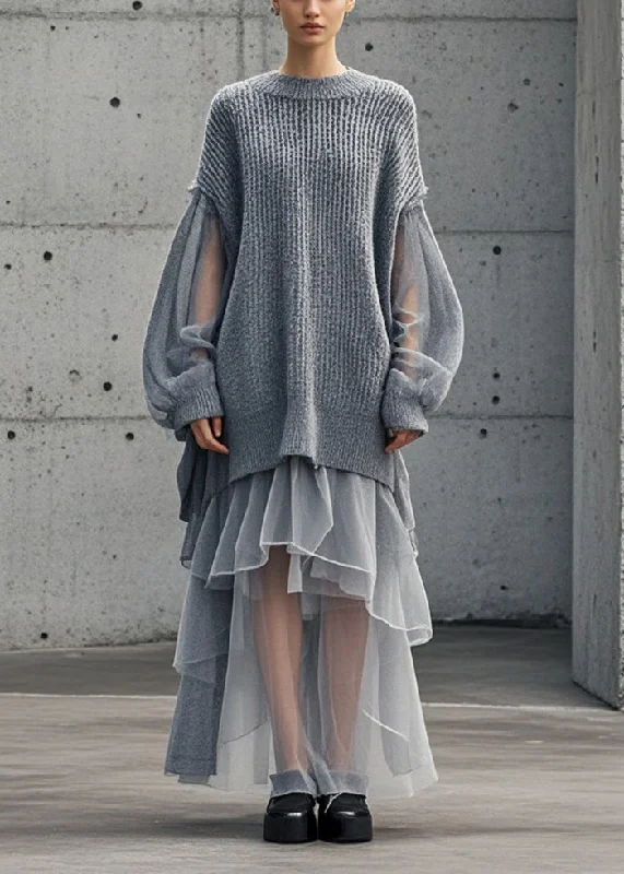 Mini - Length Women's Chunky Knit Sweater Dresses in Bold HuesBohemian Grey Oversized Patchwork Tulle Sweater Dress Fall Mini - Length Women's Chunky Knit Sweater Dresses in Bold HuesBohemian Grey Oversized Patchwork Tulle Sweater Dress Fall