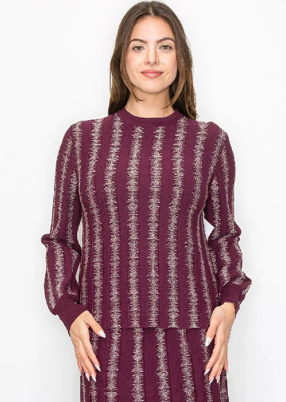 Plus Size Women's Long Sleeve Cable Knit Sweater DressesBurgundy Top with Shimmering Stripe Details Plus Size Women's Long Sleeve Cable Knit Sweater DressesBurgundy Top with Shimmering Stripe Details