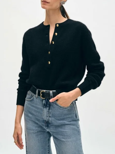 Mock Neck Women's Alpaca Wool Sweaters in Earth TonesCashmere Ribbed Gold Button Henley Black Mock Neck Women's Alpaca Wool Sweaters in Earth TonesCashmere Ribbed Gold Button Henley Black