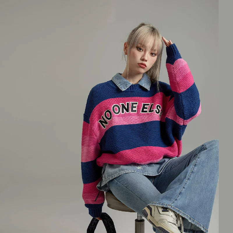 Plus Size Women's Belted Cable Knit SweatersStriped Loose Fit Knit Sweater