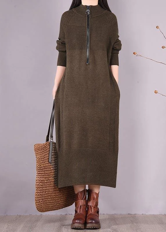 Mock Neck Women's Angora Blend Sweater Dresses in Solid ColorsChic Chocolate Dresses Zippered Pockets Maxi Spring Dress