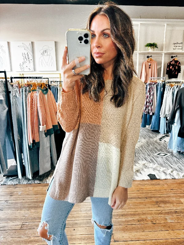 Mock Neck Women's Alpaca Wool Sweaters in Earth TonesChunky Knit Colorblock Sweater-3 Colors