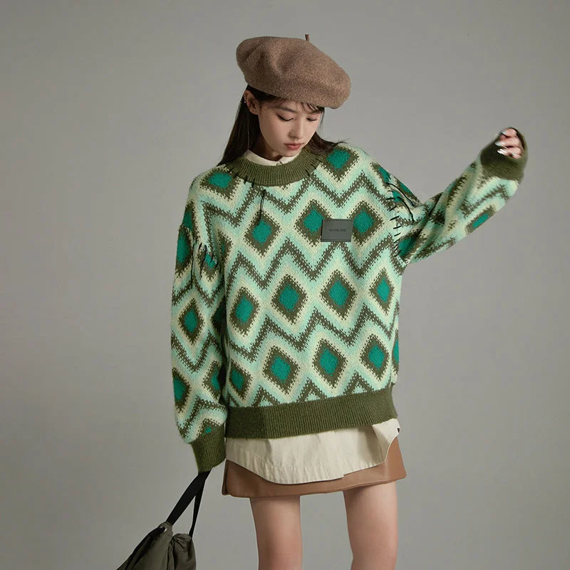 Hooded Women's Fleece - Lined Sweaters for WinterArgyle Loose Fit Knit Sweater