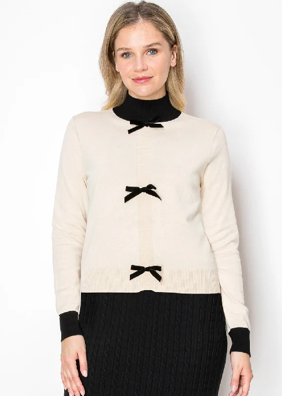 Mock Neck Women's Angora Blend Sweater Dresses in Solid ColorsCream Sweater with Bow Detail Mock Neck Women's Angora Blend Sweater Dresses in Solid ColorsCream Sweater with Bow Detail