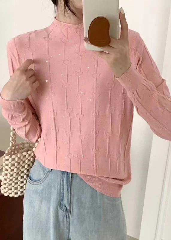 Plus Size Women's Side - Slit Sweaters in Bold SolidsElegant Pink Turtleneck Sequins Knit Sweaters Fall Plus Size Women's Side - Slit Sweaters in Bold SolidsElegant Pink Turtleneck Sequins Knit Sweaters Fall