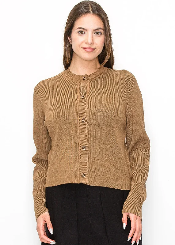Plus Size Women's Fit - and - Flare Sweater Dresses with Ruffled HemElegant Ribbed Camel Cardigan