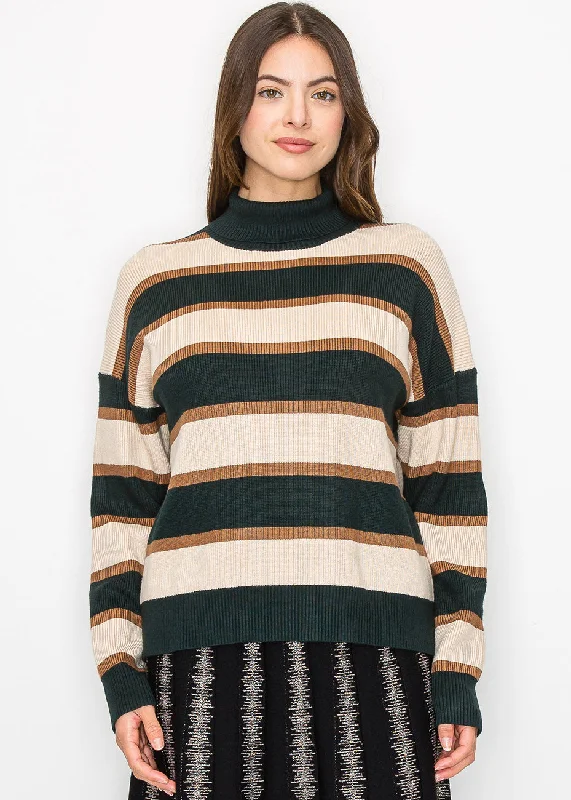 Midi - Length Women's Shetland Wool Sweater Dresses in Traditional PatternsForest Green Striped Turtleneck Sweater Midi - Length Women's Shetland Wool Sweater Dresses in Traditional PatternsForest Green Striped Turtleneck Sweater