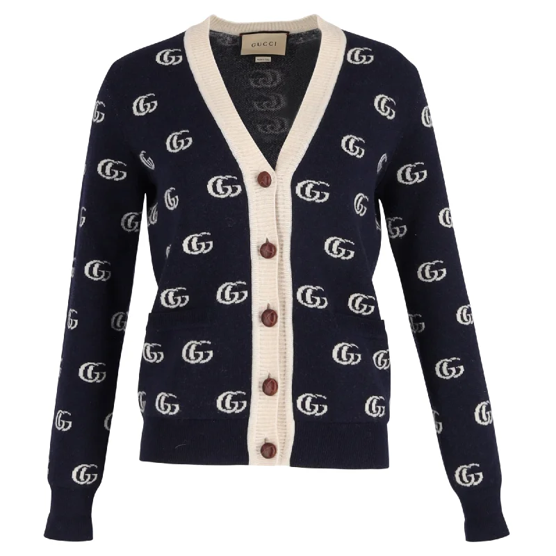 Mini - Length Women's Chunky Knit Sweater Dresses in Bold HuesGucci Double G Cardigan In Blue Jacquard Wool Mini - Length Women's Chunky Knit Sweater Dresses in Bold HuesGucci Double G Cardigan In Blue Jacquard Wool