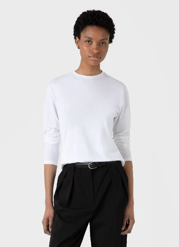 Long Sleeve Women T Shirt for Cooler WeatherWomen's Long Sleeve Boy Fit T Shirt in White Long Sleeve Women T Shirt for Cooler WeatherWomen's Long Sleeve Boy Fit T Shirt in White