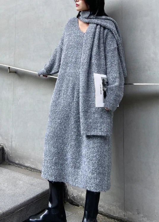 Empire Waist Women's Alpaca Wool Sweater Dresses in Earthy TonesLong woolen dress over the knee thick and loose, bottom with scarf gray knitted dress Empire Waist Women's Alpaca Wool Sweater Dresses in Earthy TonesLong woolen dress over the knee thick and loose, bottom with scarf gray knitted dress