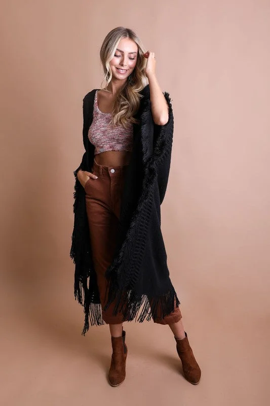 V - Neck Women's Ribbed Wool Sweaters for FallOpen Work Frayed Border Bohemian Ruana V - Neck Women's Ribbed Wool Sweaters for FallOpen Work Frayed Border Bohemian Ruana