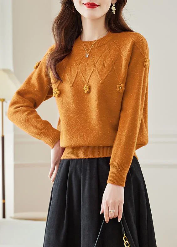 Plus Size Women's Belted Cable Knit SweatersOrange Hollow Out Solid Knit Fall Sweaters O Neck