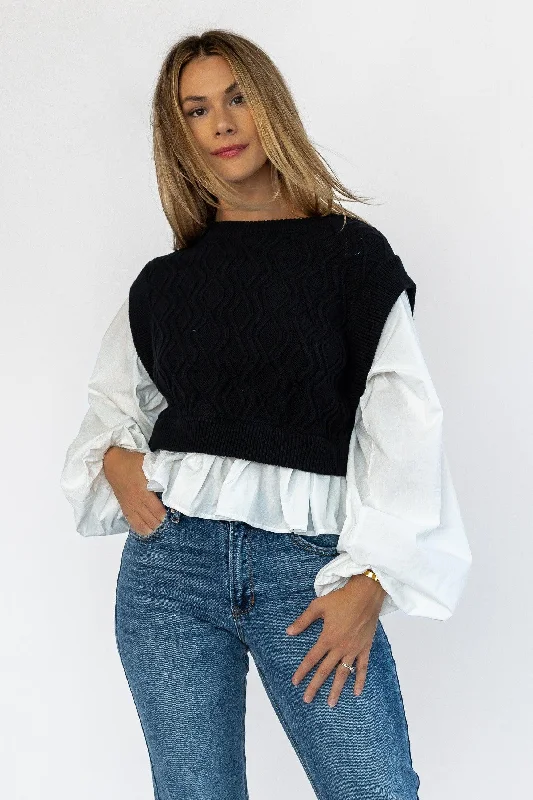 Plus Size Women's Oversized Chunky Knit SweatersReeve Black Sweater Poplin Top - Final Sale Plus Size Women's Oversized Chunky Knit SweatersReeve Black Sweater Poplin Top - Final Sale