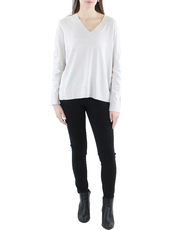 Plus Size Women's Side - Slit Sweaters in Bold SolidsRelaxed Womens Embellished Ribbed Trim V-Neck Sweater Plus Size Women's Side - Slit Sweaters in Bold SolidsRelaxed Womens Embellished Ribbed Trim V-Neck Sweater