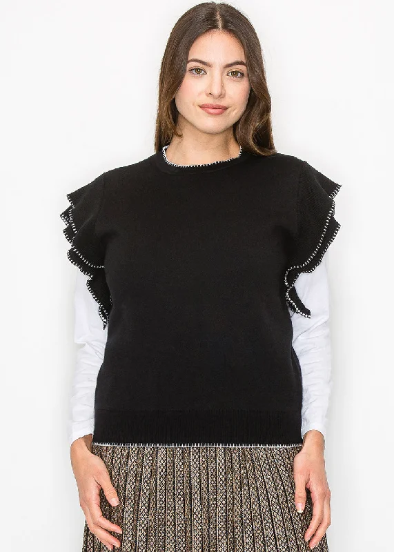 Mini - Length Women's Chunky Knit Sweater Dresses in Bold HuesRuffle-Accent Black Vest Mini - Length Women's Chunky Knit Sweater Dresses in Bold HuesRuffle-Accent Black Vest