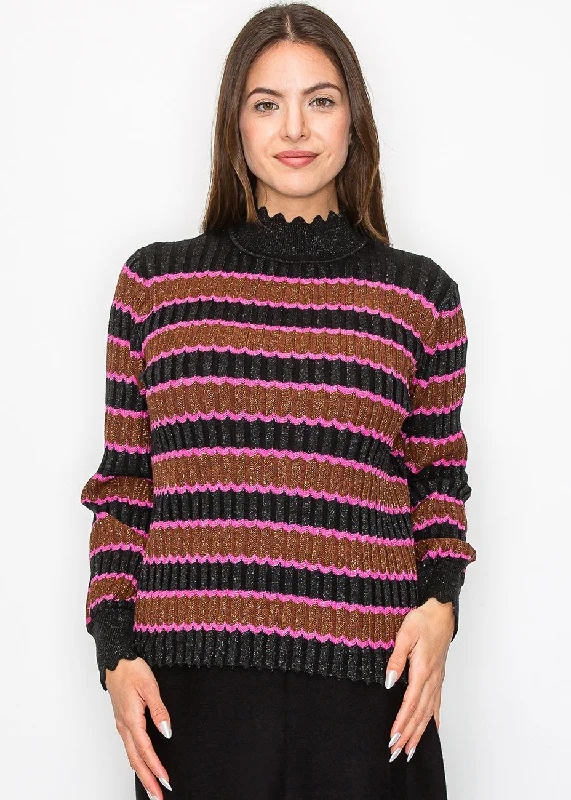 Knee - Length Women's Wool Blend Sweater Dresses in Neutral ColorsShimmer Stripe Sweater with Scalloped Trim Knee - Length Women's Wool Blend Sweater Dresses in Neutral ColorsShimmer Stripe Sweater with Scalloped Trim