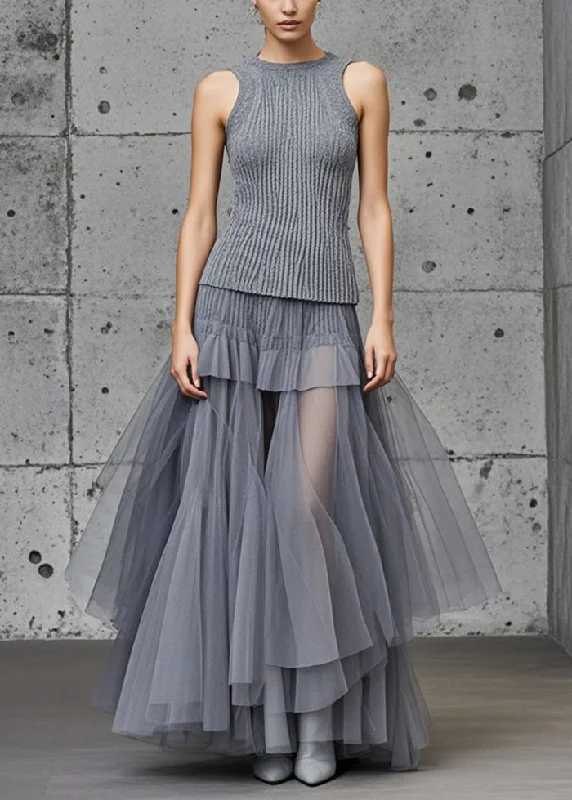 Plus Size Women's Asymmetric Hem Sweater Dresses in Modern DesignsSilm Fit Grey Tulle Patchwork Exra Large Hem Sweater Dress Sleeveless