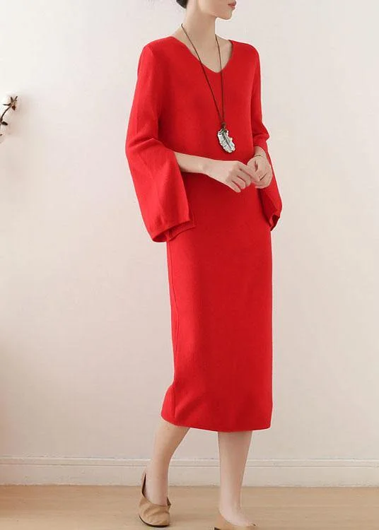 Plus Size Women's Long Sleeve Cable Knit Sweater DressesSimple Red V Neck Elegant Slim Fit Knitwear Dress Plus Size Women's Long Sleeve Cable Knit Sweater DressesSimple Red V Neck Elegant Slim Fit Knitwear Dress