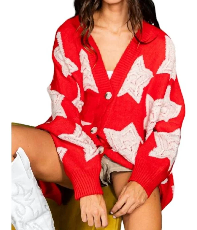 Plus Size Women's Tunic - Style Sweater Dresses with PocketsStar Spangled Sweater Cardigan In Red Plus Size Women's Tunic - Style Sweater Dresses with PocketsStar Spangled Sweater Cardigan In Red