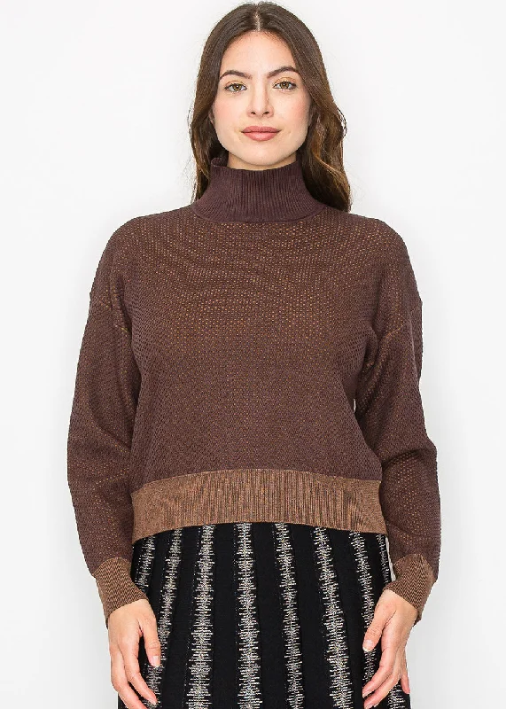 Plus Size Women's Tunic - Style Sweater Dresses with PocketsTextured Brown High Neck Sweater Plus Size Women's Tunic - Style Sweater Dresses with PocketsTextured Brown High Neck Sweater