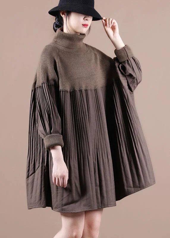 Plus Size Women's Turtleneck Sweater Dresses with Side SlitsVintage Chocolate High Neck Patchwork Fall Sweater Dress Plus Size Women's Turtleneck Sweater Dresses with Side SlitsVintage Chocolate High Neck Patchwork Fall Sweater Dress