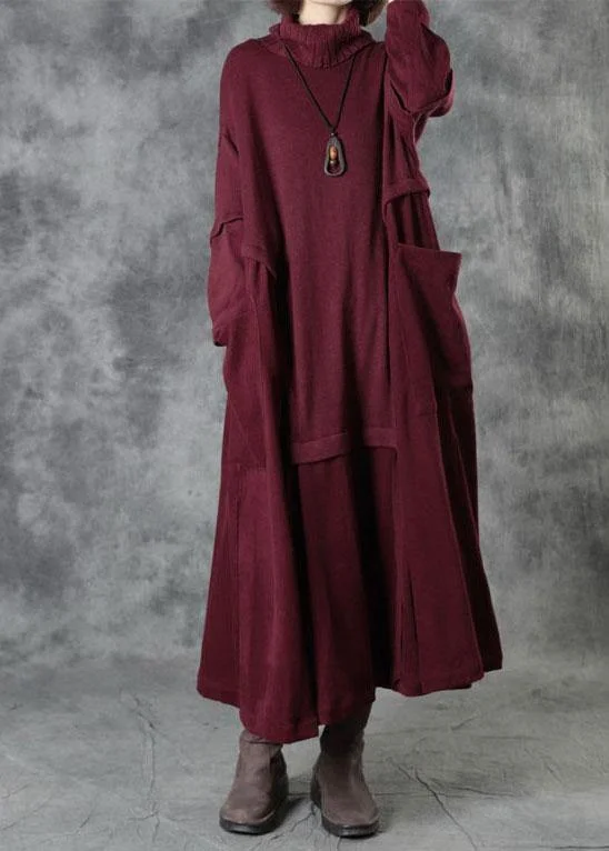 Plus Size Women's Fit - and - Flare Sweater Dresses with Ruffled HemVintage Red Turtleneck Patchwork Winter Knitted Dress