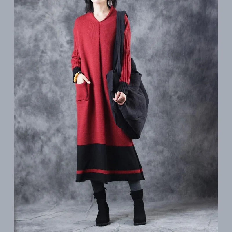 Plus Size Women's Turtleneck Sweater Dresses with Side SlitsWarm red sweater dress oversized v neck long knit sweaters vintage patchwork winter dresses Plus Size Women's Turtleneck Sweater Dresses with Side SlitsWarm red sweater dress oversized v neck long knit sweaters vintage patchwork winter dresses
