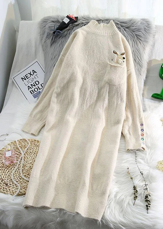 A - Line Women's Merino Wool Sweater Dresses in Classic StylesWomen beige Sweater dresses Largo half high neck daily wild knit dresses A - Line Women's Merino Wool Sweater Dresses in Classic StylesWomen beige Sweater dresses Largo half high neck daily wild knit dresses