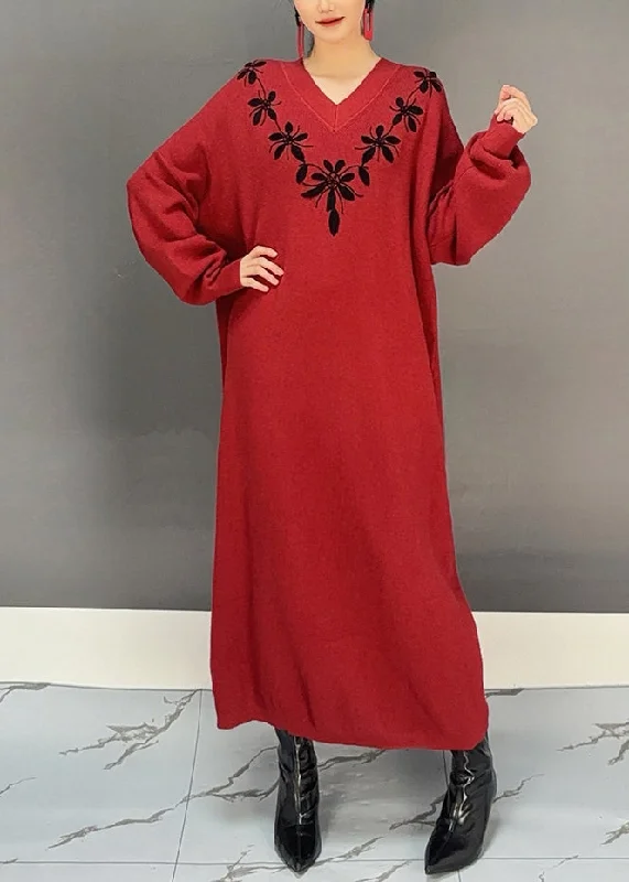 V - Neck Women's Ribbed Sweater Dresses with Belt for a Defined WaistWomen Red V Neck Embroidered Knit Sweater Dress Fall V - Neck Women's Ribbed Sweater Dresses with Belt for a Defined WaistWomen Red V Neck Embroidered Knit Sweater Dress Fall