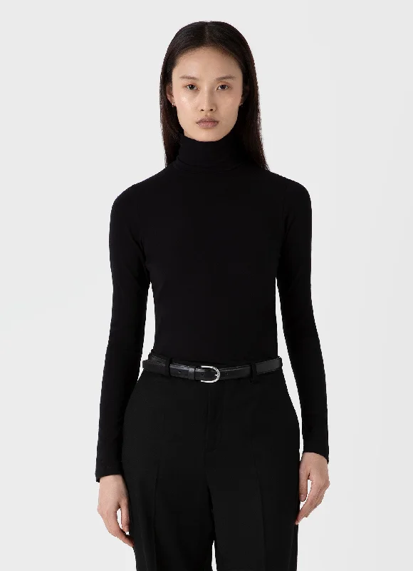 Embroidered Women T Shirt with Intricate DetailsWomen's Long Sleeve Roll Neck Top in Black Embroidered Women T Shirt with Intricate DetailsWomen's Long Sleeve Roll Neck Top in Black