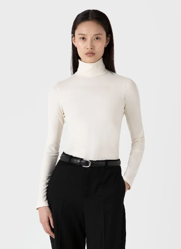Crop Top Women T Shirt to Pair with High - Waisted BottomsWomen's Long Sleeve Roll Neck Top in Ecru Crop Top Women T Shirt to Pair with High - Waisted BottomsWomen's Long Sleeve Roll Neck Top in Ecru