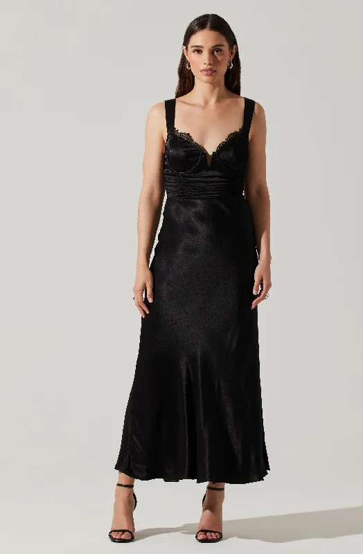 Empire Waist Women Dress to Accentuate the Bust and Conceal the WaistAeris Satin Lace Trim Maxi Dress Empire Waist Women Dress to Accentuate the Bust and Conceal the WaistAeris Satin Lace Trim Maxi Dress
