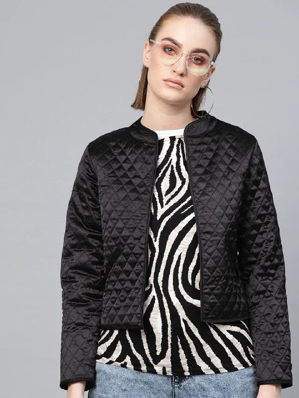 Women's moto jackets with a lace - up front for a unique and stylish touchBlack Front Open Quilted Jacket Women's moto jackets with a lace - up front for a unique and stylish touchBlack Front Open Quilted Jacket