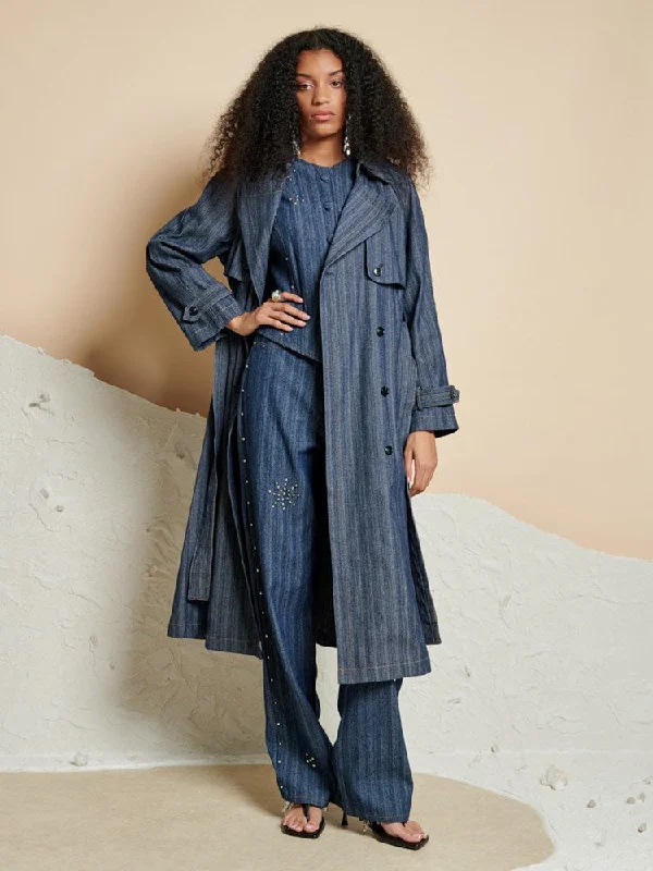 Women's denim jackets with a patchwork design for a bohemian and artsy styleBlakely Denim Trench Coat Women's denim jackets with a patchwork design for a bohemian and artsy styleBlakely Denim Trench Coat