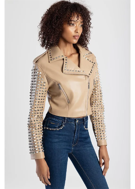 Women's bomber jackets with floral embroidery for a feminine and unique designCrop Biker Stud Jacket Women's bomber jackets with floral embroidery for a feminine and unique designCrop Biker Stud Jacket