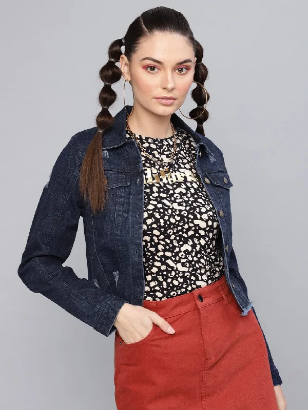 Women's bomber jackets with floral embroidery for a feminine and unique designDark Blue Denim Distressed Jacket Women's bomber jackets with floral embroidery for a feminine and unique designDark Blue Denim Distressed Jacket