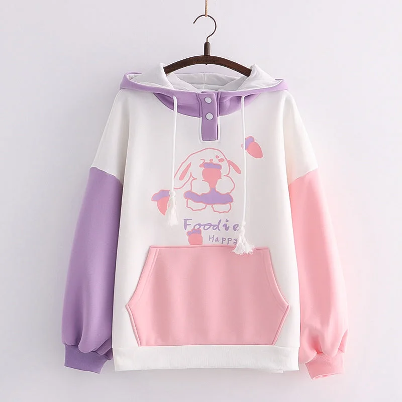 Women's pullover hoodie with a side slit for a modern and relaxed fitDelightful Dining: Kawaii Foodie Bunny Colorblock Hoodie - Savor the Sweetness of Cute Comfort! ?? Women's pullover hoodie with a side slit for a modern and relaxed fitDelightful Dining: Kawaii Foodie Bunny Colorblock Hoodie - Savor the Sweetness of Cute Comfort! ??