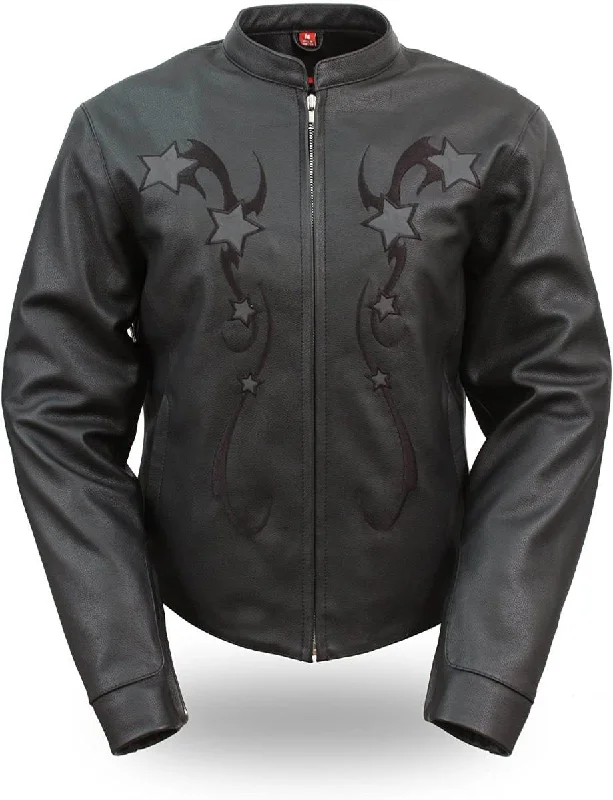 Women's trench coats with a removable belt for customizable stylingFirst Manufacturing FIL180CSZ Women's Black Sporty Scooter Leather Jacket with Reflective Stars Women's trench coats with a removable belt for customizable stylingFirst Manufacturing FIL180CSZ Women's Black Sporty Scooter Leather Jacket with Reflective Stars