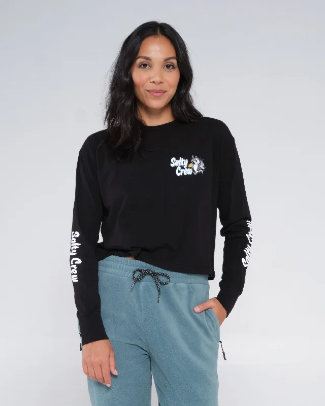 Women's denim jackets with a patchwork design for a bohemian and artsy styleFish N Chips L/S Crop - Black Women's denim jackets with a patchwork design for a bohemian and artsy styleFish N Chips L/S Crop - Black