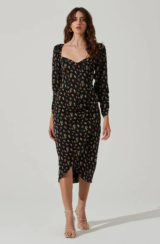 Lace - Embellished Women Dress for an Elegant and Sophisticated AppearanceFloral Long Sleeve Milkmaid Satin Midi Dress