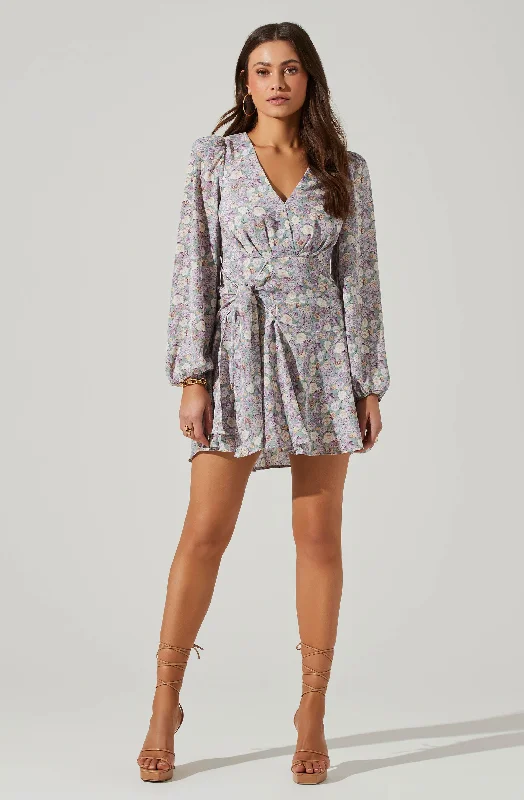 Ruffled Women Dress with Multiple Layers for a Playful and Girly StyleFloral Long Sleeve Side Tie V Neck Mini Dress Ruffled Women Dress with Multiple Layers for a Playful and Girly StyleFloral Long Sleeve Side Tie V Neck Mini Dress