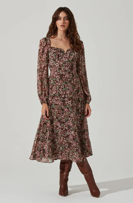 Shift Women Dress with a Simple and Classic Design for Everyday WearFloral V Front Long Sleeve Midi Dress Shift Women Dress with a Simple and Classic Design for Everyday WearFloral V Front Long Sleeve Midi Dress